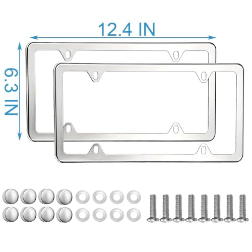 Image of 2PCS Solid Silver License Plate Frames, Solid Rust-Proof Stainless Steel Holder with 4 Holes, Universal Car Frame for Women and Man, Including Screws, by Lengnoyp