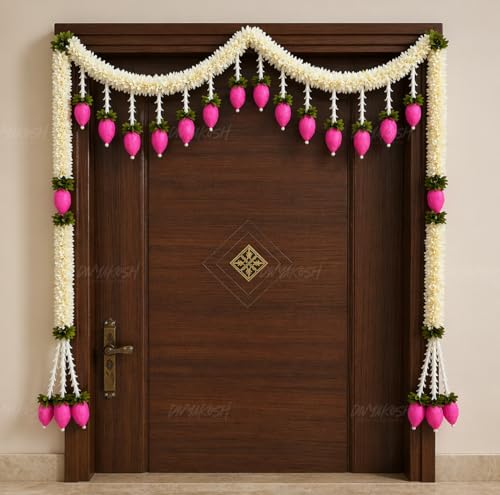 Image of Divyakosh Artificial Flower Door Toran Set, Bandarwal with Lotus Hangings (48 Inch) | Main Door Hanging Decor for Diwali, Wedding, Pooja | Indian Festive Home Entrance Decoration White Pink |