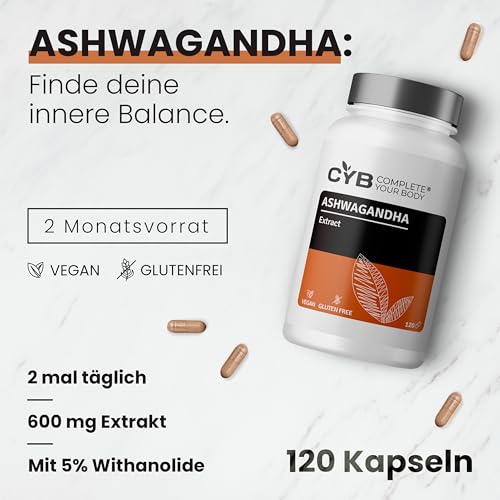 CYB | Ashwagandha Kapseln Hochdosiert - 5% Withanolides 600mg - Mit Magnesiumglycinat, Vitamin B6 und Zink - 120 Kapseln 2 Monatsvorrat - Vegan - Laborgeprüft – Bild 3