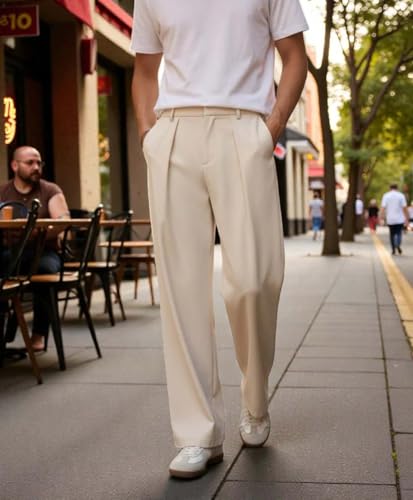 Image of KOTTY Men's Wide Leg Casual Style Korean Trousers with Relaxed Fit Tailoring Modern Structured Design for Professional Wear