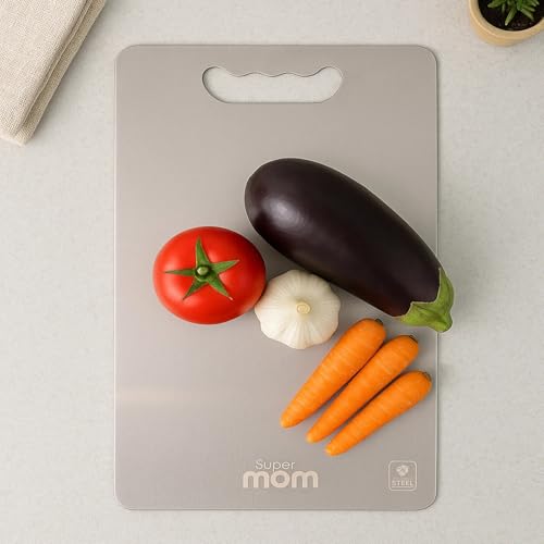 Image of SUPERMOM Chopping Board 228 x 330 mm - Stainless Steel Cutting Board for Vegetables, Fruits, Meat & Cheese - Durable, 1.5mm Thick & Non-Slip Kitchen Chopping Board for Cooking & Food Prep (Pack of 1)