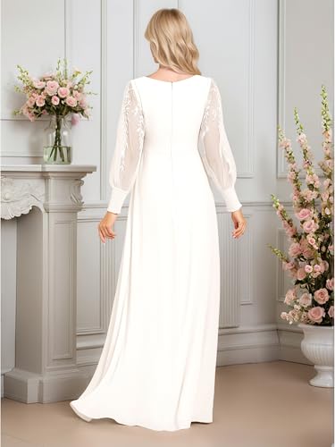 Ever-Pretty Women's V Neck Chiffon Embroidered Tulle Long Sleeves Slit Maxi Wedding Dresses2