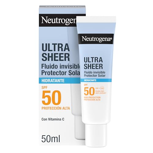 Neutrogena Ultra Sheer Fluido Invisible Hidratante SPF50 (50 ml), protector solar facial 50 de amplio espectro, crema hidratante facial ultraligera e hipoalergénica, crema de sol resistente al agua