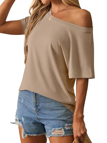 Image of Hilinker Womens Sexy Off The Shoulder Tops Short Batwing Sleeve T Shirt Oversized Casual Tee Khaki Medium