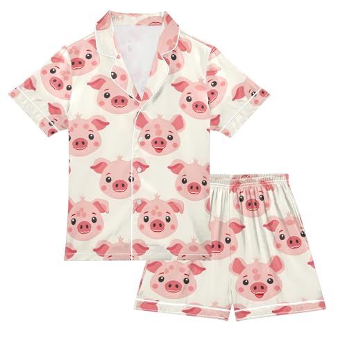 ALAZA Cartoon Pig Piggy Pajamas Satin Pajama Set Short Sleeve Button Down Sleepwear