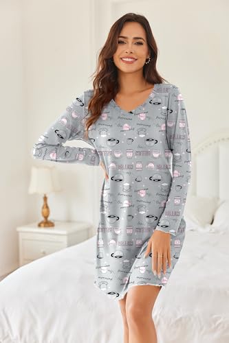 Ekouaer Cotton Nightgowns for Women 2 Pack Night Gown Long Sleeve Sleepshirts V Neck Night Shirt Soft Sleepwear2