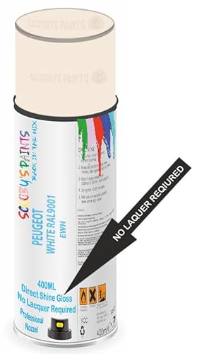 SCOOBYS PAINTS BACK IN THE MIX Direct Gloss Aerosol Spray Paint For Peugeot White Ral9001 Code: Ewh No Lacquer Required