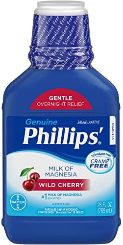 Phillips' Milk of Magnesia Liquid Laxative, Wild Cherry, 26 oz, Cramp Free & Gentle Overnight Relief Of Occasional Constipation, #1 Milk of Magnesia Brand (Packaging May Vary)