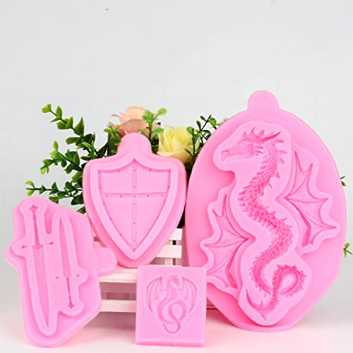 Mujiang Dragon Silicone Molds Swords Shield Battle Fondant Mold For Cake Decorating Cupcake Topper Chocolate Gum Paste Candy Polymer Clay Set Of 4 #TOP4