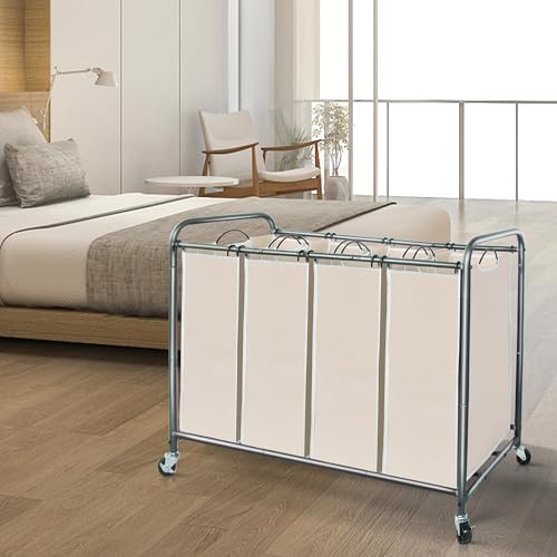 Image of STORAGE MANIAC Laundry Sorter 4 Section, 47.5 Gal (180 L) Laundry Hamper with Wheels, Clothes Divider Basket Sorter, Separator Hamper Cart with Removable Bags, Beige