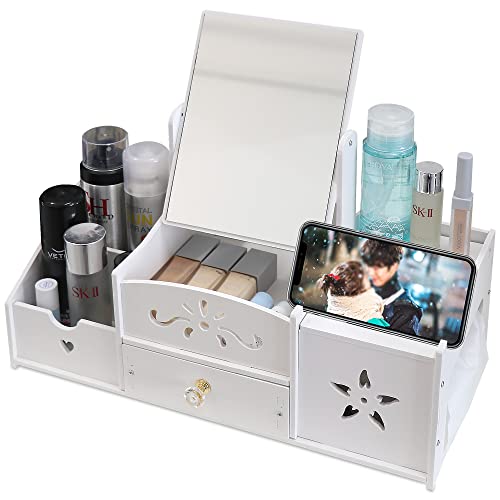 LEcylankEr Organizador de Maquillaje Multifuncional, Organizador de Baño de Mesa Blanco, Caja Organizadora de Maquillaje con Espejo, Caja Maquillaje Organizador con Cajones (espejo cuadrado)