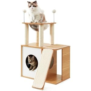 Made4Pets Cat Tree for Indoor Cats, Modern Cat Tower Tall for Large Cats Kitten, Wood Kitty Condo Climbing Furniture Heavy Duty, Vesper Cute Castle with Scratching Post and Ramp