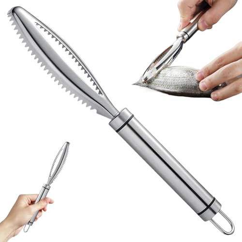 fkngcp Escalador de Pescado 8.5 Alimento Grado 304 Desarrollo de Escala de Pescado de Acero Inoxidable con Orificio Colgante y 24 uñas serradas Herramienta de descaler portátil