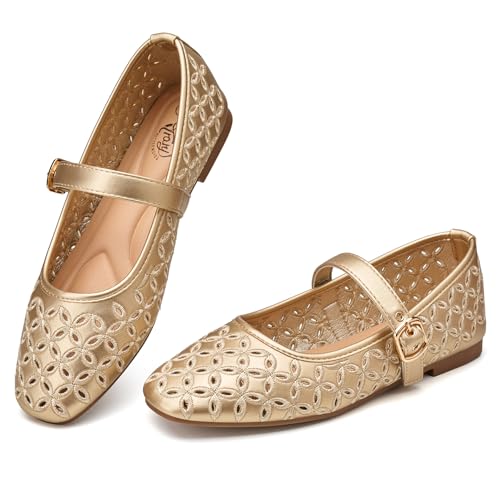 Trary Mary Jane Shoes Women, Hollow Flats for Women, Ballet Flats Shoes Round Toe Mary Jane Flats, Gold Flats Shoes Dressy Comfortable Size 6