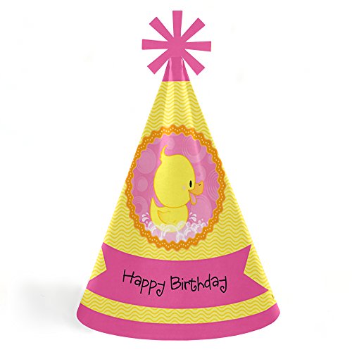 Big Dot of Happiness Pink Ducky Duck - Cone Happy Birthday Party Hats for Kids and Adults - Set of 8 (Standard Size)