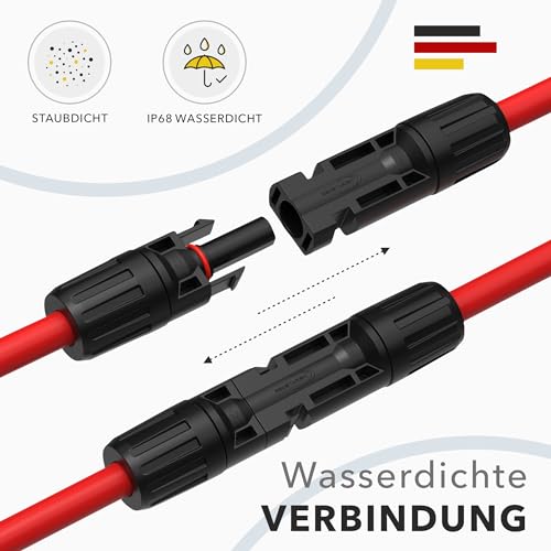 RedStar24 Solarkabel Verlängerung 4mm² - 6mm² - 1/2/3/5/10/15/20/25m - UV-beständig, Photovoltaik Kabel, PV Kabel, Solar Verlängerungskabel IP68 für Solarpanel - langlebig (6mm²1M)