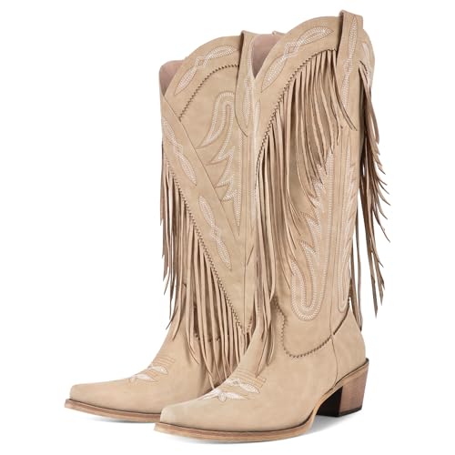Cowboy Boots for Women Tassel Calf Western Cowgirl Boots Embroidered Chunky Heels2