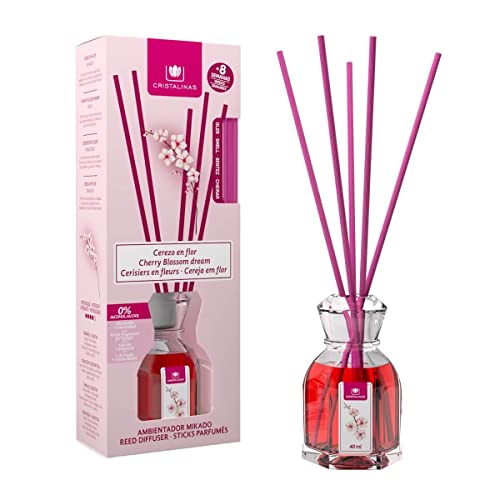 CRISTALINAS. Ambientador Mikado Clásico. Difusor con Varillas de ratán. Formula sin Alcohol. Máxima duración: más de 4 semanas. Capacidad 40ml. Disfruta de tu Aroma Favorito Cerezo en Flor Cover