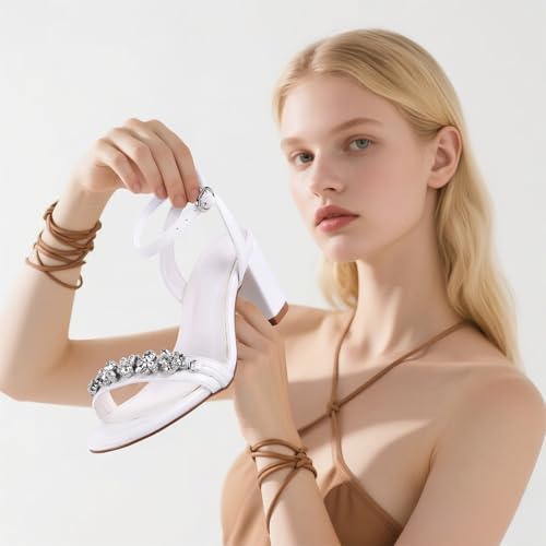 Women's Wedding Shoes For Bride Rhinestone Heeled Sandals With Block Heel Summer Sparkly Sandal With Ankle Strap Comfortable Bridal Heels For Dating Dancing4