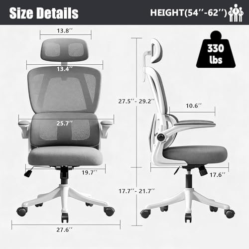 VIDITA Ergonomic Office Chair with Dynamic Lumbar Support & Adjustable Headrest – High Back Desk Chair with 90° Flip-up Arms, Comfort Mesh Computer Chair for Home Office Long Hours Sitting，Gery — view 2