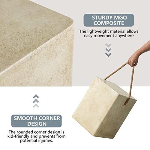 Cosiest Concrete Side Table, Rectangular Outdoor Side Table W Hemp Rope Handles,15''Patio Side Tables End Table, Outdoor Accent Side Table For Garden And Patio, Beige #TOP3