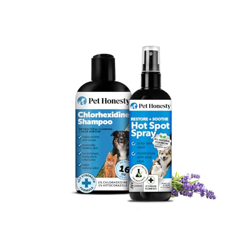 Chlorhexidine Shampoo + Restore + Soothe Hot Spot Spray Essential Skin Care Bundle - Seasonal Itch Relief for Allergies, Soothes Itching with Aloe and Microsilver