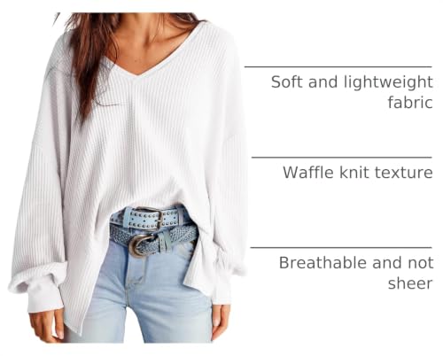 Image of Dokotoo Womens Waffle Knit Tops Trendy Fashion 2026 Oversized T Shirts | Lightweight,V Neck,Casual,Batwing Sleeve,Loose Fit,Irregular Hem,Boyfriend Style,Oversized,Fall Outfits