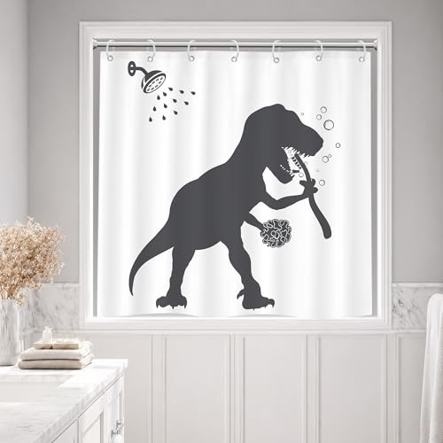 Image of Funny Dinosaur Shower Curtain Bathroom Set 40Wx36L Inches Short Small for Kids Boys Trex Raptor Silhouette Fun Cartoon Black and White Bath Accessories Animal Shadow Art Home Decor Fabric 7
