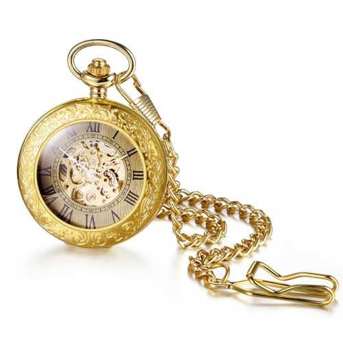 Image of JewelryWe Gold Mechanical Pocket Watch: Men Women Retro Analog Hand Mechanical Glass Carved Pocket Watch for Mother's Day