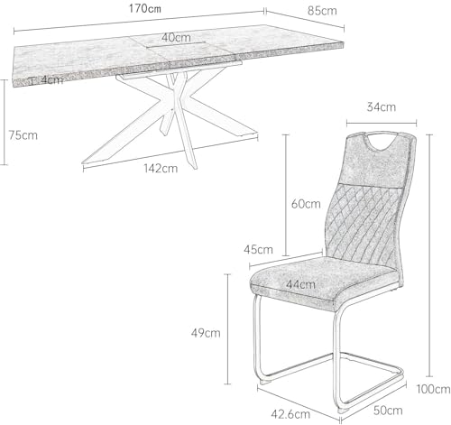 Essgruppen Für 4-6 Personen, Esstisch Ausziehbar, Moderner Grauer MDF-Holztisch, Geeignet Für Wohnzimmer, Küche, Versammlungen Mit Vielen Personen(130-170cm Tisch + 6 graue Stühle) – Bild 3