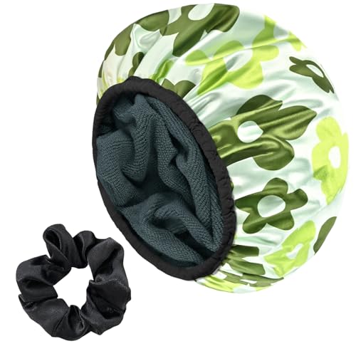 Yonchic Green Flower Print Satin Shower Cap, Reusable Large Size for Women