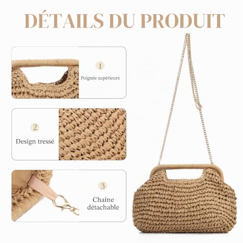 EVEOUT Pochette en Paille Tressé Femme Clutch de Fête Soirée en Faux Raphia avec Chaîne été Boho Chic Sac à Main Tissé pour Plage,Vacances – vue 7
