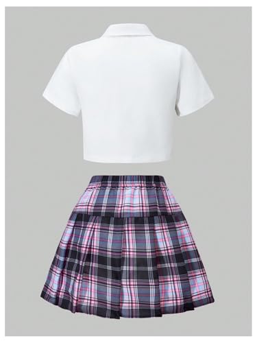 SOLY HUX Girl's Plaid Skirt Set 3 Piece Outfit Uniform Short Sleeve Shirts Pleated Skirts with Bow Tie Preppy Clothes White Purple Plaid 8Y