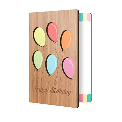 HeartSpaceCards - Happy Birthday Card, Handmade Sustainable Bamboo Birthday Card, Unique Birthday Cards for Women, Men, Husband, Wife, Dad, Son - Balloon Party