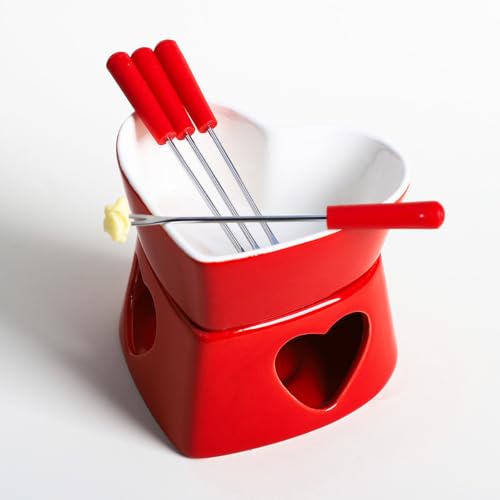 Sizikato Heart Shaped Red Porcelain Chocolate Fondue Set, 10 Oz