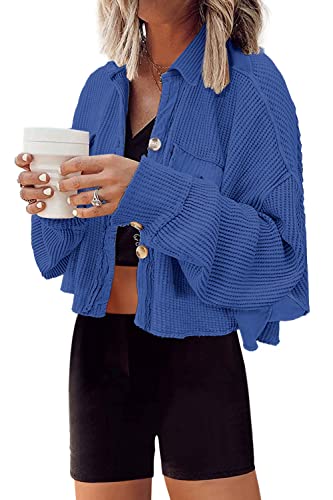 Image of Panadila Women's Cropped Waffle Knit Shacket Short Button Down Jacket Batwing Sleeve Shirts with Pocket