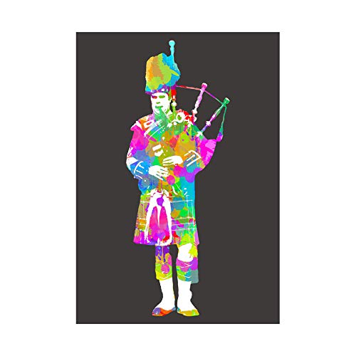 Wee Blue Coo Painting Colourful Pattern Piper Scotland Bagpipes Wall Art Print
