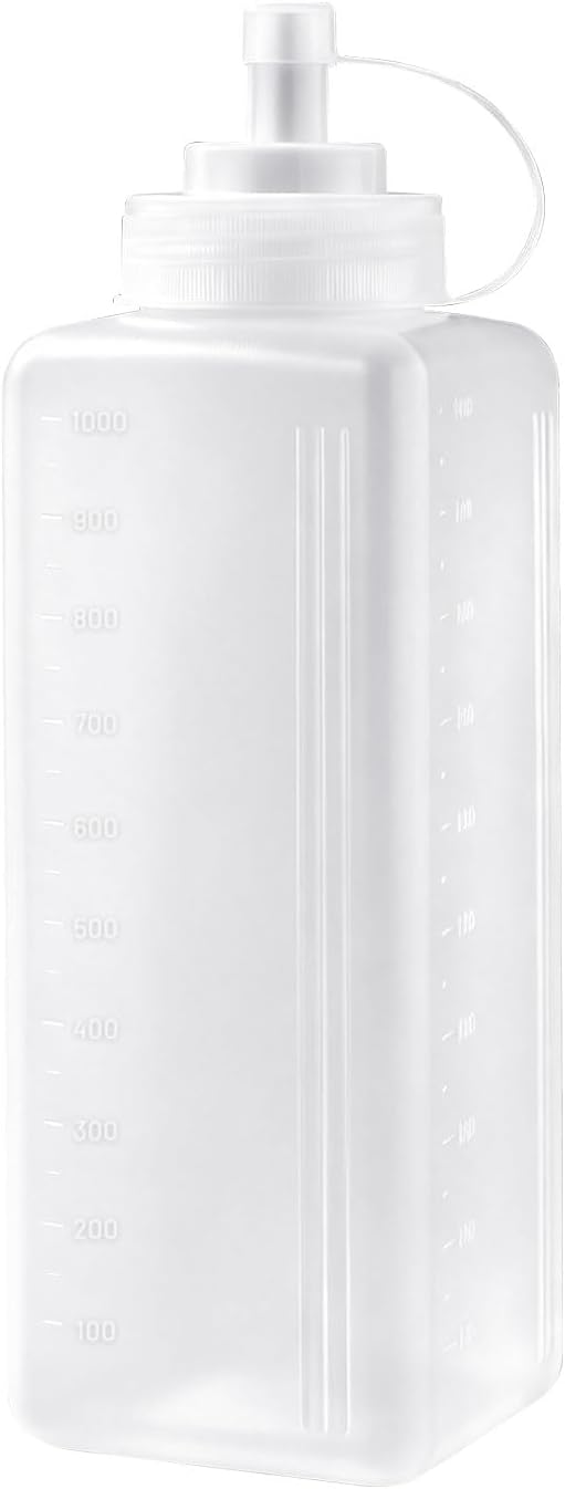 2 Pack Square 1000ml Squeeze Bottle with Measurement Marks,Food Grade PP Condiment Dispenser for Sauces,Oil,Dressings,Pancake Art and Craft Liquids