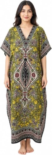 Image of Shah Crafts. Women Kaftan Dresses Kimono Tunic Long Ladies Oversized Night Gown Maxi Top Evening Dress Plus Size Caftan Color-Yellow 3/4 Sleeve