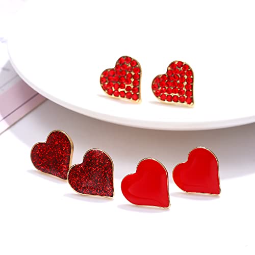 Cealxheny 3 Pairs Valentine’S Day Heart Stud Earrings For Women Glitter Rhinestone Heart Earrings Sweet Red Pink Heart Ear Studs Valentine’S Day Gifts Holiday Accessory thumb #3