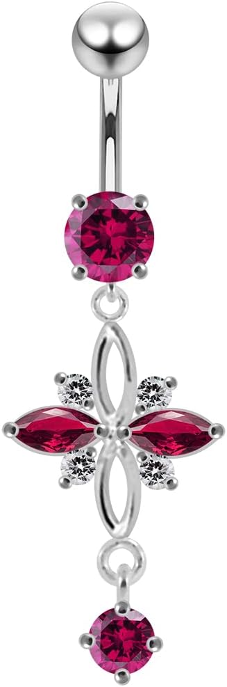 Cz Gemstones Fancy Cross Dangling Design 925 Sterling Silver with Stainless Steel Belly Ring - Belly Button jewelry - Navel jewelry