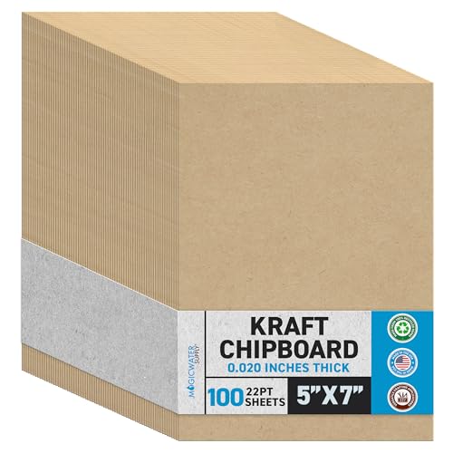 MagicWater Chipboard Sheet for DIY Projects - 5x7 Inch - 100 Pack - 22 pt - Heavy Duty Kraft (0.022 Inch Thick) Paperboard, For Scrapbooking, Books, Picture Frame Backing, Arts Project & Crafts