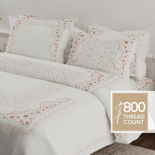 Image of BOUTIQUE LIVING Platinum Pulse 100% Cotton 800 TC White & Red Digital Meenakari Print King Bedsheet with 4 Pillow Covers