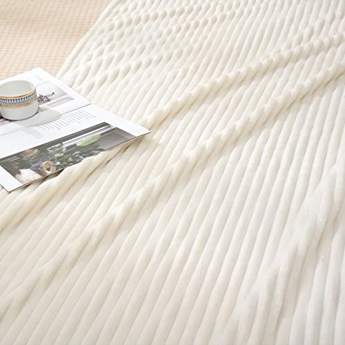 Vessia Flannel Fleece Throw Blanket For Couch,Sofa,Bed, 300Gsm Microfiber Cream Striped Chair Blanket For Adults And Kids, Super Soft Warm Cozy Lightweight Ivory Ribbed Throw For All-Season #TOP3
