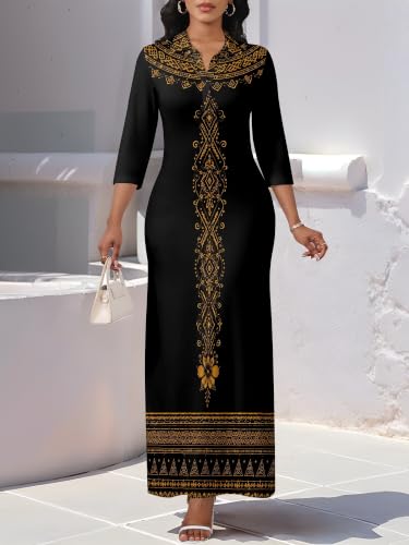 Image of PinkPatty Women's Casual 3 /4 Sleeve Polo V Neck Bodycon Maxi Dress
