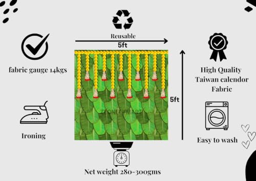 Image of sravanamasam Pooja Decoration Backdrop | Banthi Puvvu Hanging Garland on Banana Leaf Background Mandapam Cloth 5x5 feet | Back Ground Decoration Clothes 5x5 feet