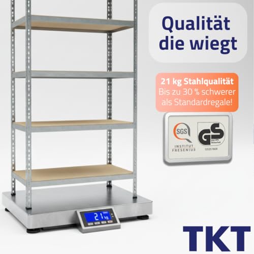 TKT – Work System Steckregal mit Holzböden 180x90x40cm - Verzinktes Regal mit 150kg Tragkraft pro Boden. Schwerlastregal mit 5 Böden für Werkstatt, Wohn- & Kellerraum