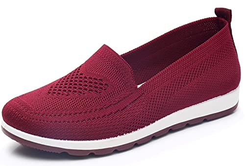 Spati Women's Flying Knitting Flat Shoes Fashion Leisure Walking Shoes Comfort Ladies Loafers Breathable Mesh Female Round Toe Black, Pink, Purple, Red (Red, Numeric_9) #TOP5