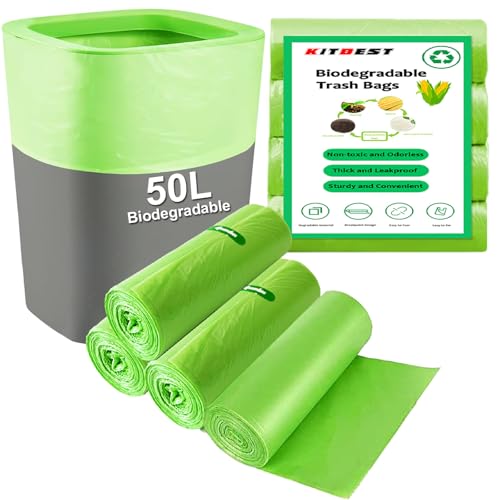 Biodegradable Bin Bags Liner 50L KITBEST 60PCS Food Waste Bags Trash Bag Large 13 Gallon Compostable Caddy Liner Recycled Degradable Rubbish Garbage Bag Kitchen Office Household Green 60 x 80cm