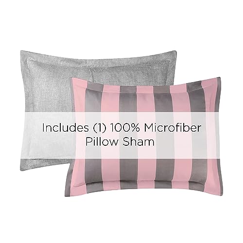 Image of Juicy Couture Cabana Stripe Reversible Bedding Set - Twin /Twin XL Size - Pink and Grey Stripe Print - 5 Piece Set - Includes 1 66 x 90 Comforter, 3 Decorative Pillows, 1 Sham